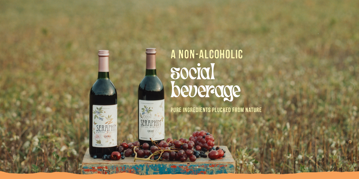 Heading image with two bottles of Seraphim Social Beverage on a field with a plate of ingredients. Image reads: A Non-alcoholic social. Pure ingredients plucked from nature.